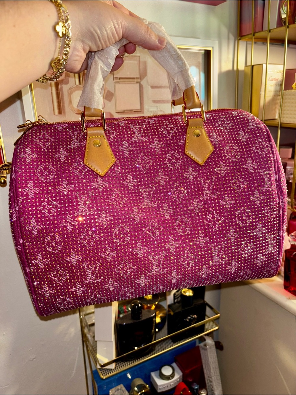 Brand New ! Inspired high end Fuchsia Monogram Jacquard Satchel with Tan Trim